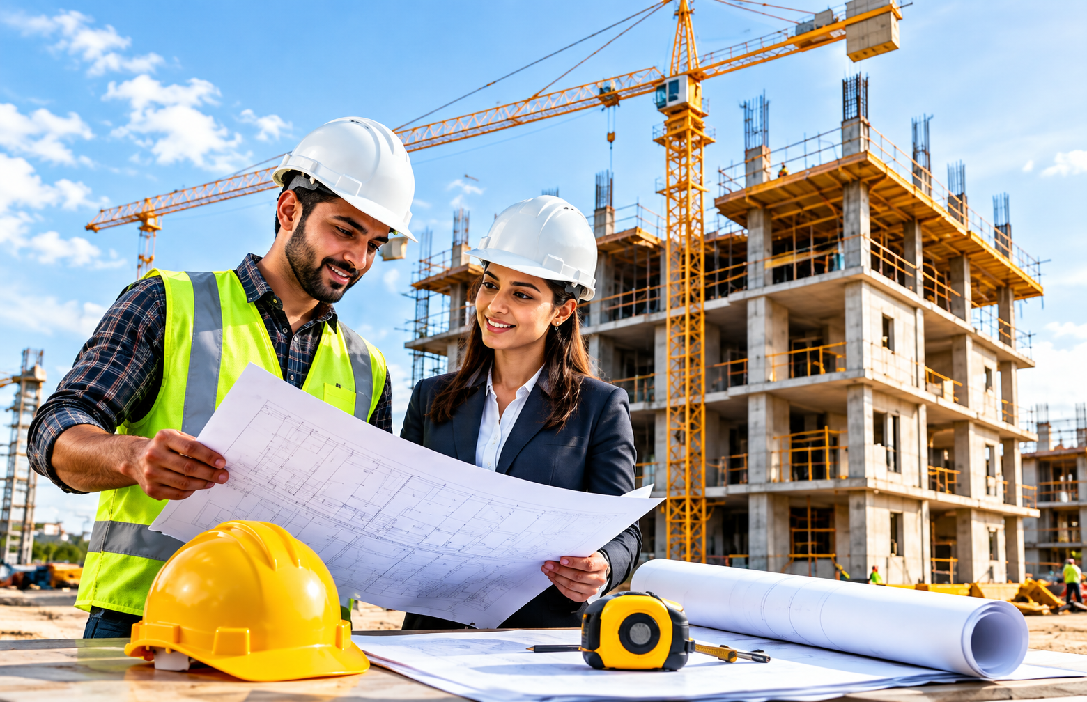 Ajay Homes & Estates engineers reviewing plans at a construction site